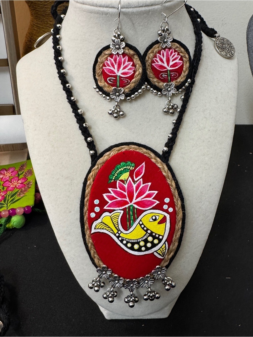 Handcrafted Red Lotus & Fish Necklace Set - Women Jewelry - Picture 2 of 5